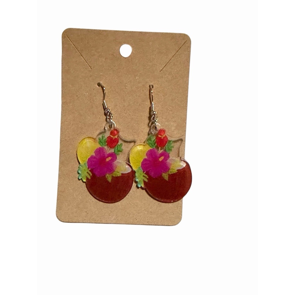 Tropical Coconut Tiki Cocktail Earrings Hibiscus Flower‎ Drink Luau Jewelry